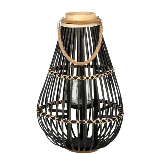 Farol de madera con inserto de vidrio, negro, 32 × 57 cm