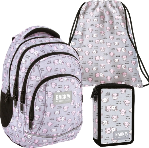 Set escolar BackUP Axolot Love 3 en 1: mochila, estuche equipado y bolsa