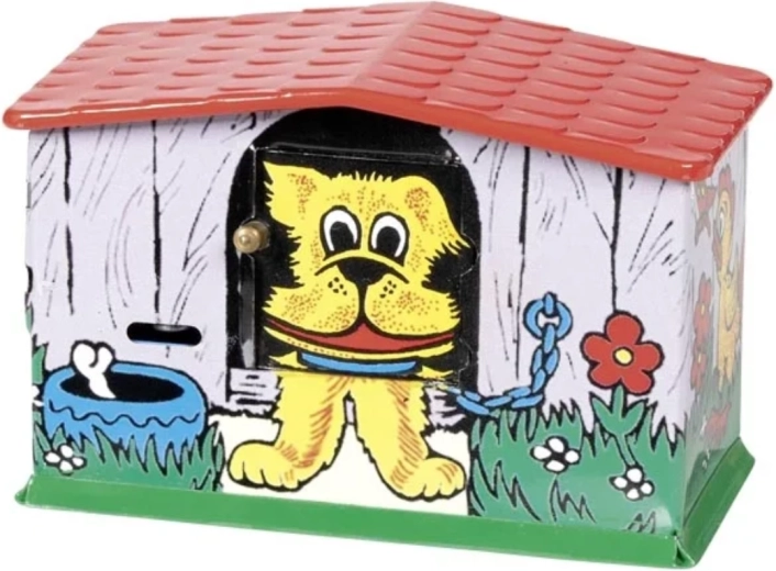 Hucha de hojalata con forma de caseta para perro