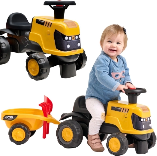 Correpasillos tractor JCB Fastrac con remolque, pala y rastrillo