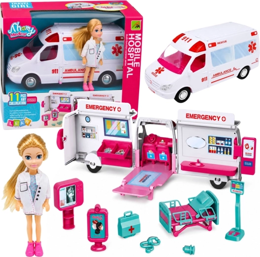Ambulancia desplegable para muñecas con mini doctora y accesorios (11 piezas)