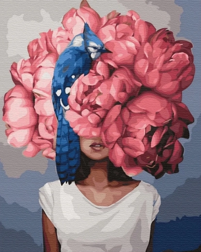 Pintura de diamantes – mujer con cabeza floral y pájaro azul 30 × 40 cm