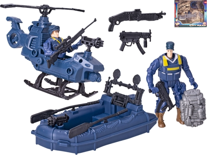 Set de policía con helicóptero y lancha, figuras y accesorios