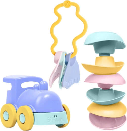 Simple. set de juguetes para bebés: locomotora azul, barquitos apilables y sonajero mordedor