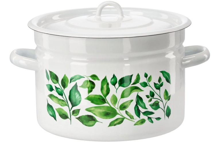 Olla esmaltada 9 l, 26 cm, blanca con diseño de ficus, con tapa