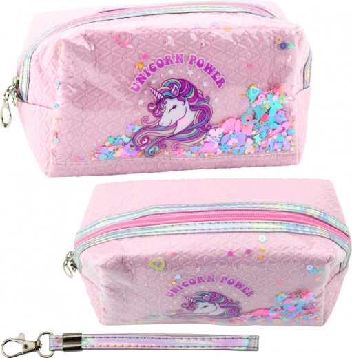 Estuche rosa de cuento de hadas con unicornio y confeti