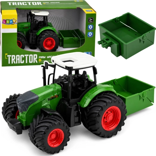 Tractor agrícola con esparcidor de fertilizante 1:24, verde, ruedas de goma
