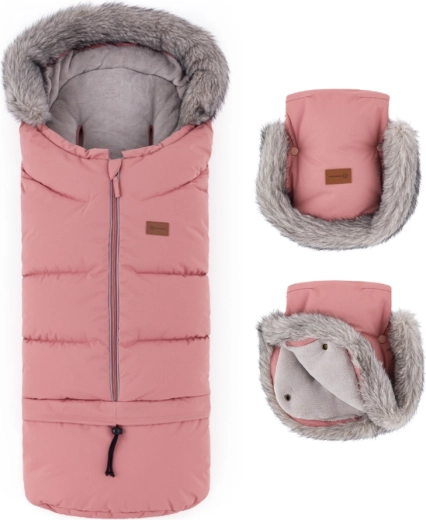 Petite&Mars set de invierno: saco Arctic 4v1 y guantes para cochecito Furry old rose