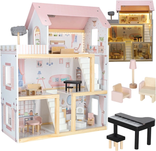 Casa de muñecas de madera con muebles e iluminación LED 78 cm rosa