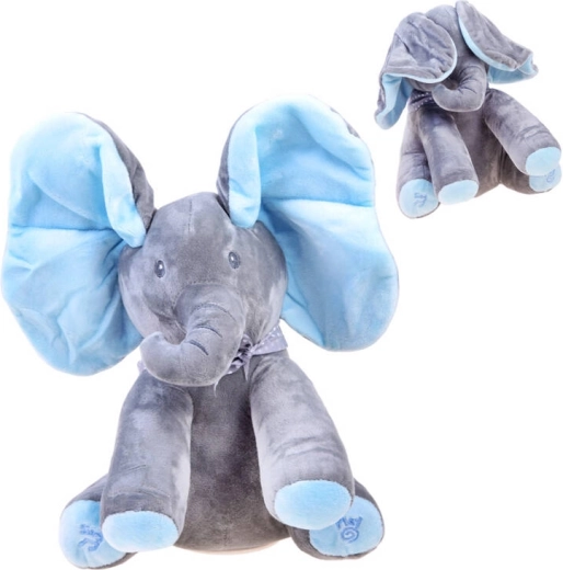 Elefante de peluche interactivo que canta y juega al peek‑a‑boo – Azul