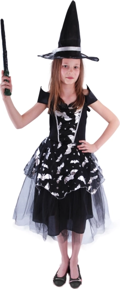 Disfraz infantil de bruja con motivos de murciélagos