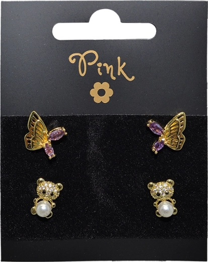 Set de pendientes chapados en oro, 4 piezas, osito y mariposa