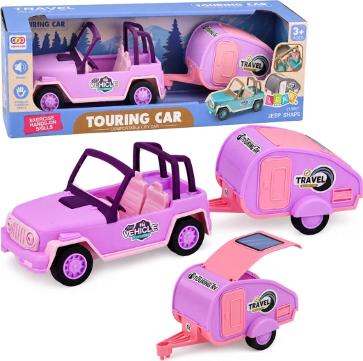 Vehículo todoterreno rosa con caravana con efectos de sonido