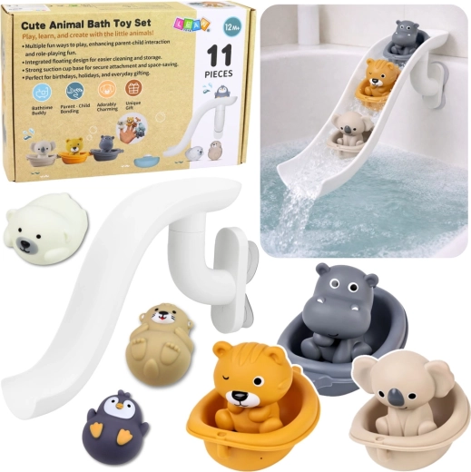 Set de juguetes de baño con animalitos en barquitos y tobogán acuático, 11 piezas