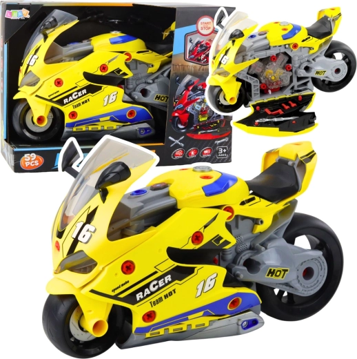 Motocicleta interactiva 2 en 1 con taller para desmontaje, luces, sonidos y efecto de humo – amarilla 43 cm