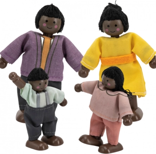 Viga familia de muñecos de madera con ropa textil, 4 uds., piel oscura