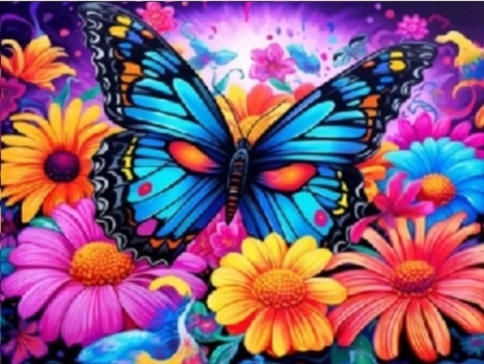 Norimpex Pintura por números Mariposa colorida entre flores 40 × 50 cm