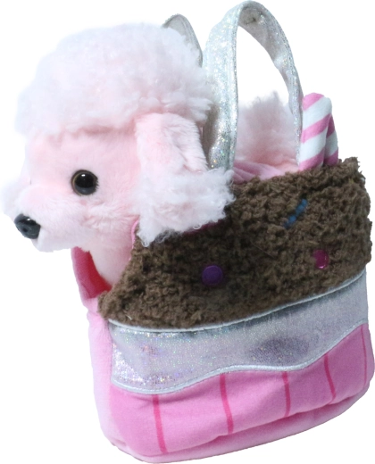 Caniche rosa de peluche en bolso color chocolate