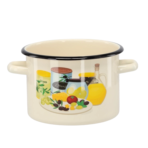 Olla esmaltada 3 l, diámetro 18 cm, color crema con motivo de olivas