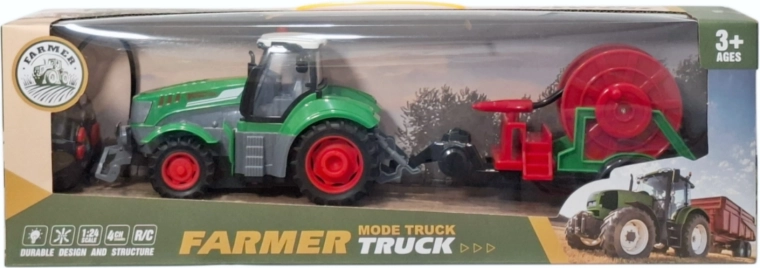 Tractor teledirigido por radio con remolque y carrete para manguera, con luz y cargador