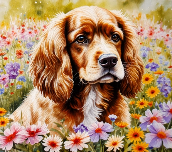 Norimpex pintura con diamantes Cocker Spaniel entre flores 30 × 40 cm