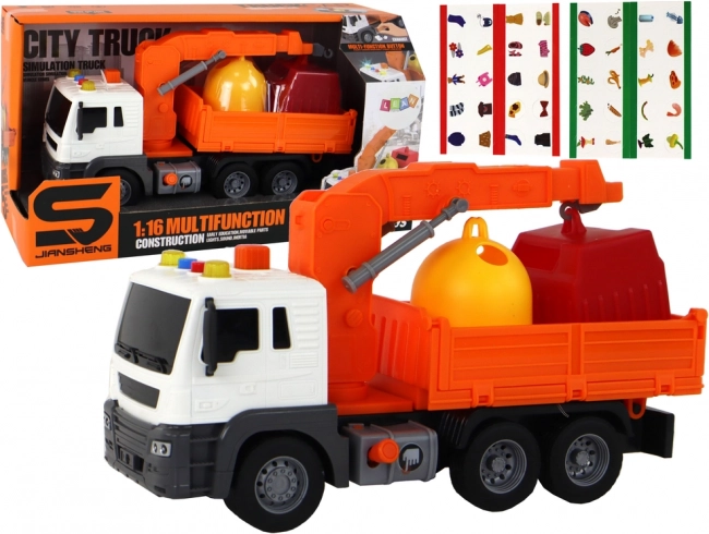 Camión de basura con grúa 1:16, clasificación de residuos y sonidos, naranja