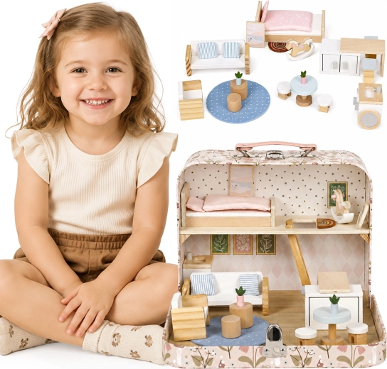 Casa de muñecas de madera Ecotoys en maletín: de dos plantas con muebles y 20 accesorios