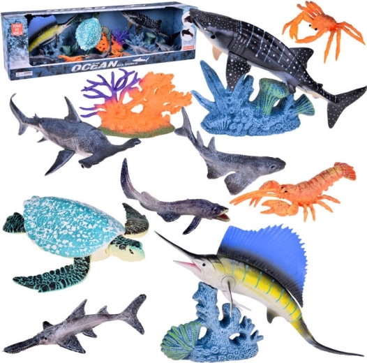 Set de figuras de animales marinos con tiburones y corales