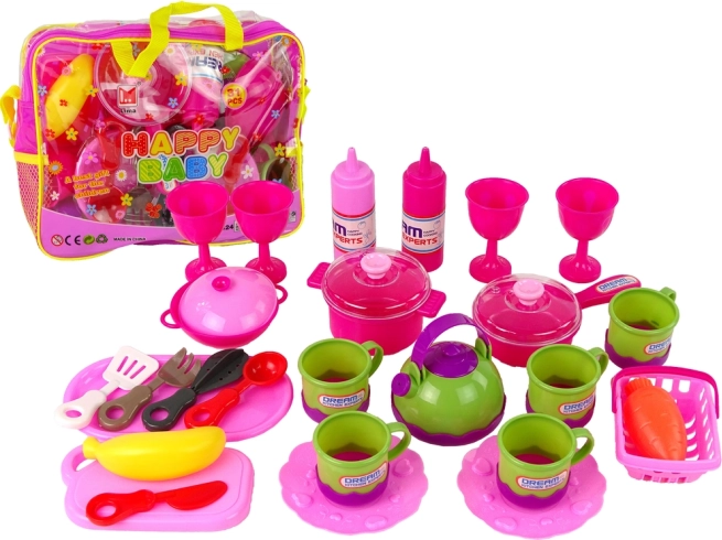Juego de vajilla rosa en bolsa, 31 piezas