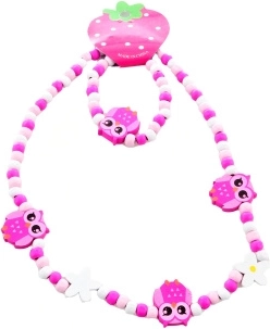 Conjunto de collar y pulsera con búhos de cuentas de madera