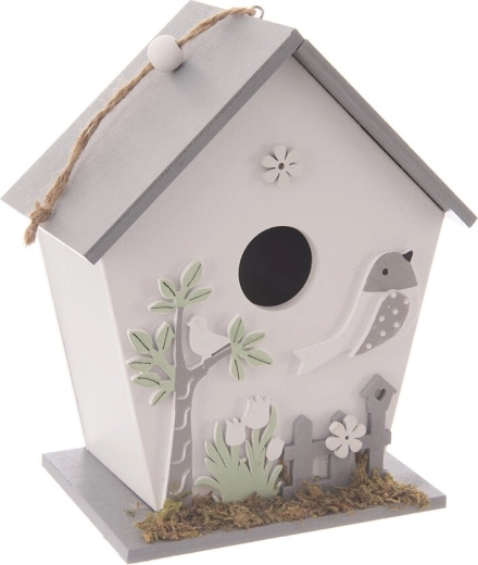 Casita nido de madera blanca para pájaros 15 × 9 × 17 cm
