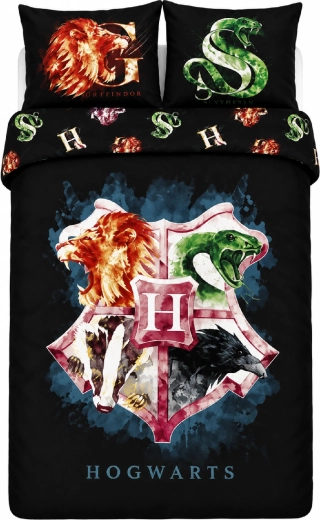Ropa de cama de algodón Harry Potter escudos de Hogwarts negra 140 × 200 cm