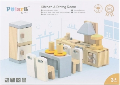 Set de muebles de madera para casa de muñecas: cocina y comedor