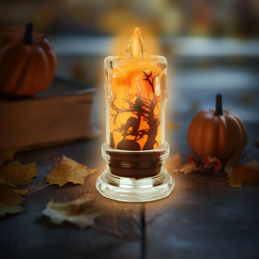 Vela LED de Halloween con murciélago y luz naranja