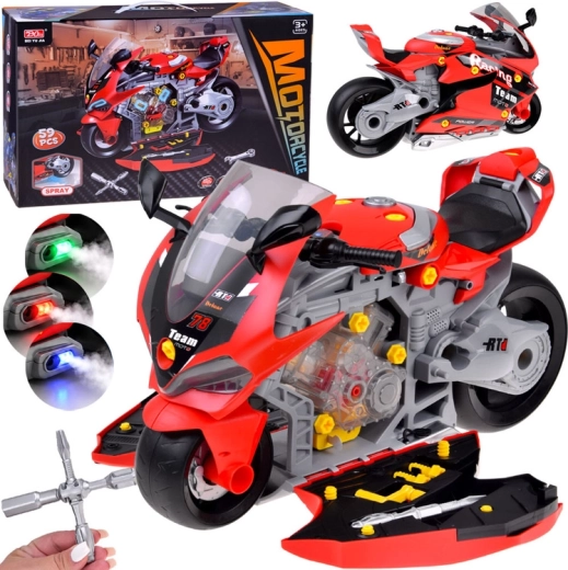 Motocicleta de carreras infantil para montar con luz, sonido y niebla, 59 piezas