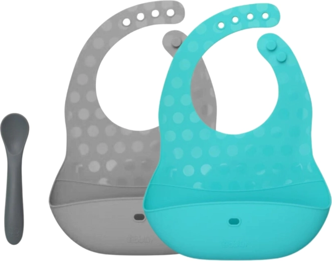 Bblüv pöket set de baberos y cuchara de silicona aqua/gris
