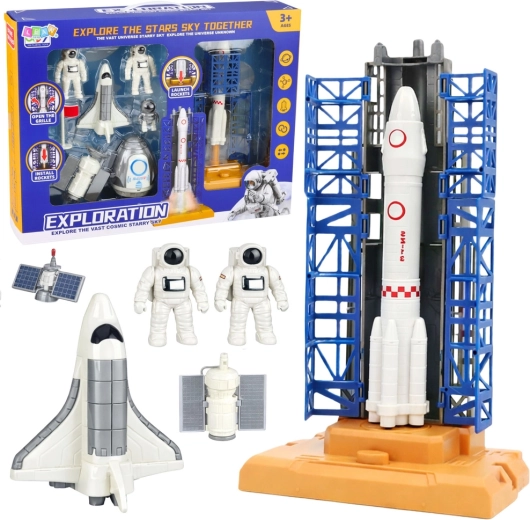 Set espacial con cohete, torre de lanzamiento y astronautas