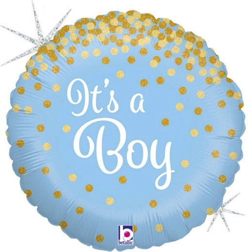 Globo de foil Grabo azul “¡Es un niño!” con confeti dorado 46 cm - 1 pieza