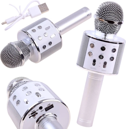 Micrófono karaoke inalámbrico Bluetooth con altavoz integrado – plateado
