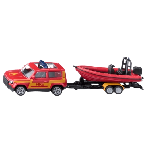 Siku Land Rover Defender con lancha a motor – set de bomberos