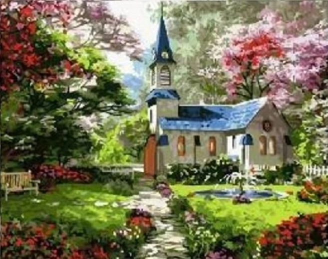 Norimpex pintura de diamantes Iglesia en un jardín primaveral 30 × 40 cm