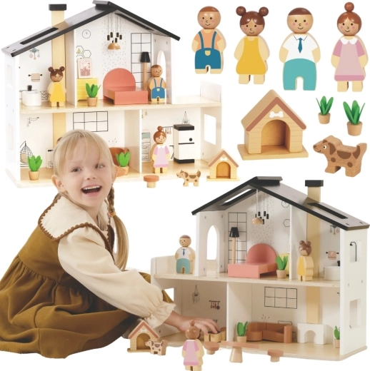 Casa de muñecas de madera Tooky Toy con accesorios y familia (20 piezas)
