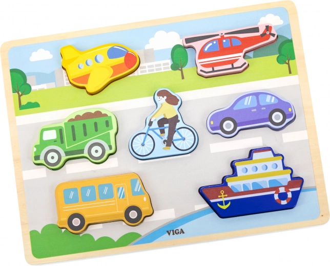 VIGA Puzle de madera Montessori 2 en 1 Medios de transporte