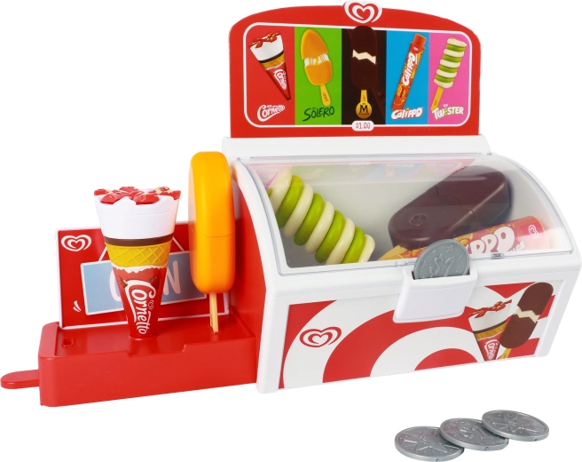 Juego de tienda con monedas y pizarra de menú