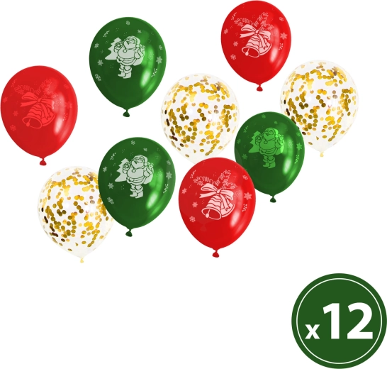 Set de globos navideños en rojo, verde y dorado, 12 unidades