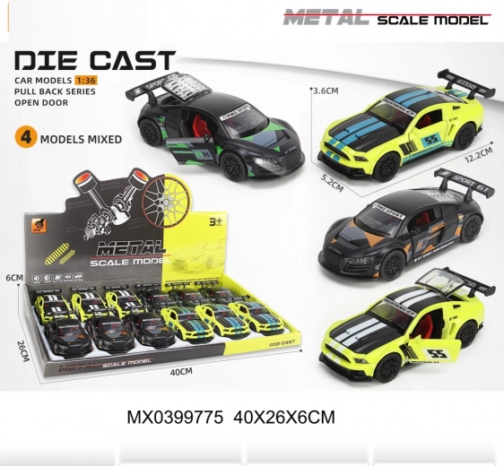Cochecito de carreras metálico 1:36 con puertas que se abren y tracción pull-back