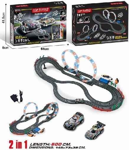 Pista de carreras 2 en 1 con loop, 2 coches, 600 cm, 1:43
