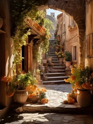 Pintura de diamantes: callejuela decorada con flores 30 × 40 cm