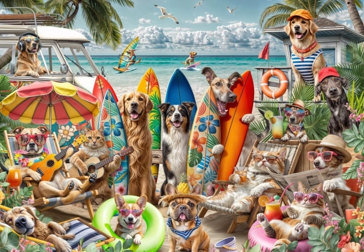 Puzle Perros y gatos en la playa 1000 piezas