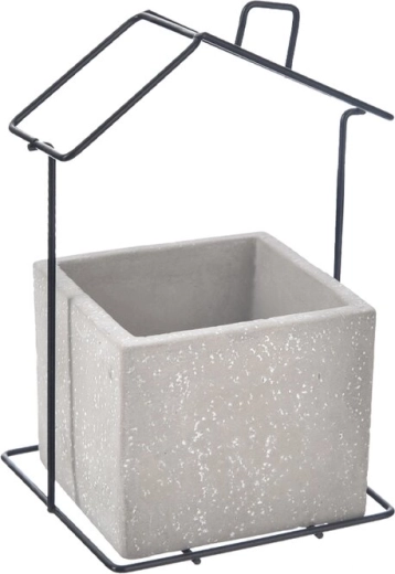 Macetero de hormigón y metal con forma de casita, gris